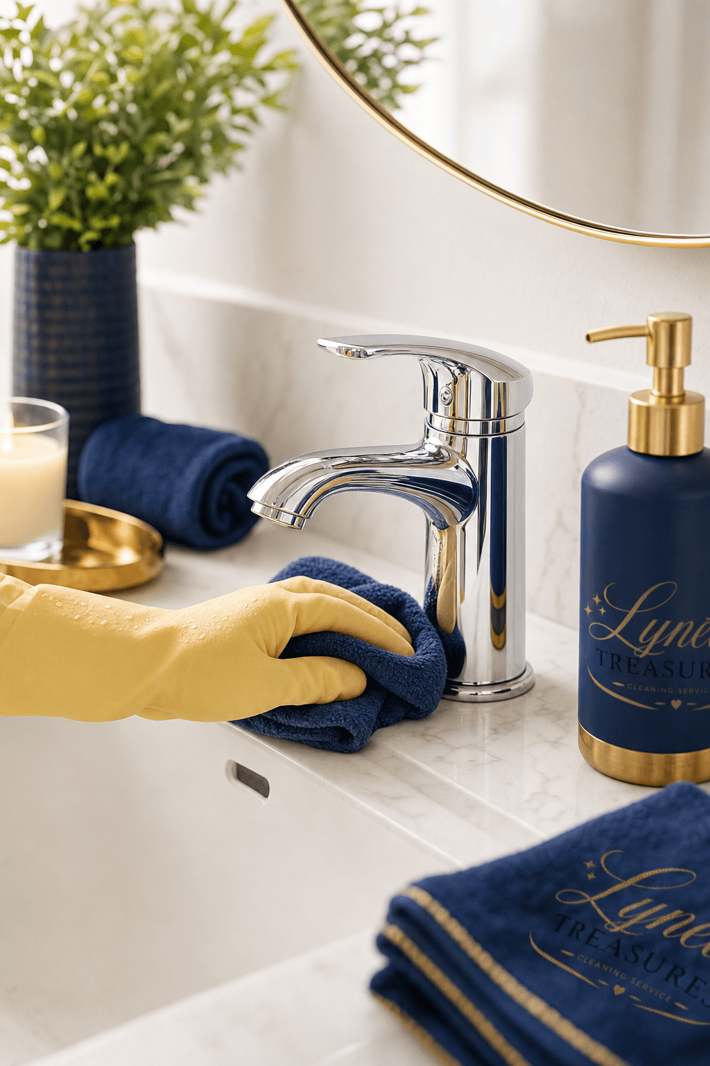 Hand in yellow glove wiping the base of a shiny chrome faucet with a microfiber cloth in a bright, clean bathroom