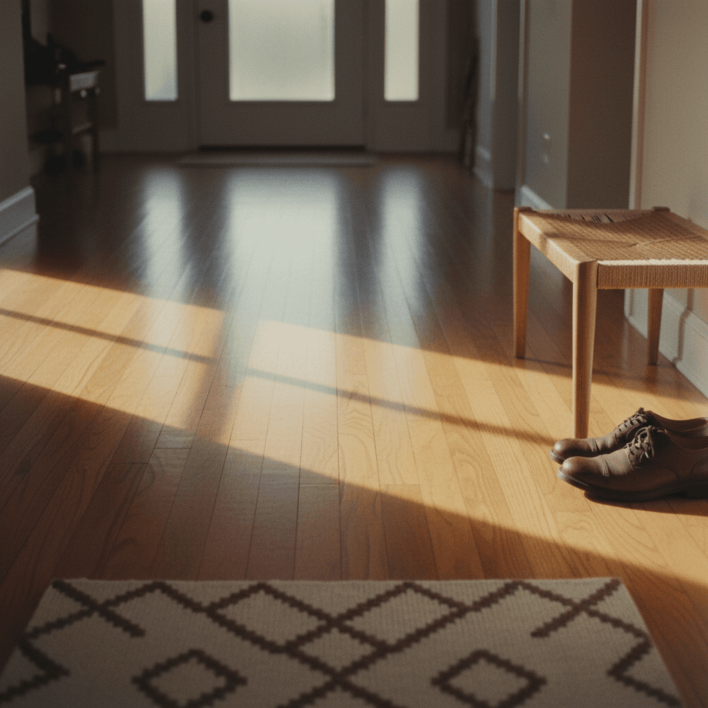 Clean hardwood entryway floor with morning sunlight