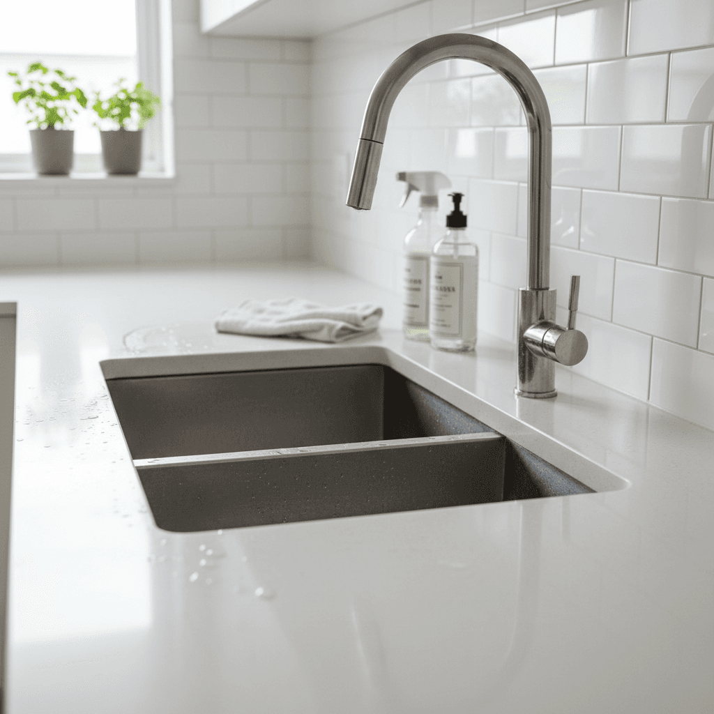 Sparkling clean kitchen countertops and sink
