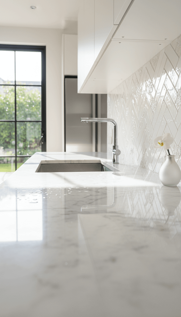 Spotless kitchen countertop and clean tile backsplash illuminated by natural light