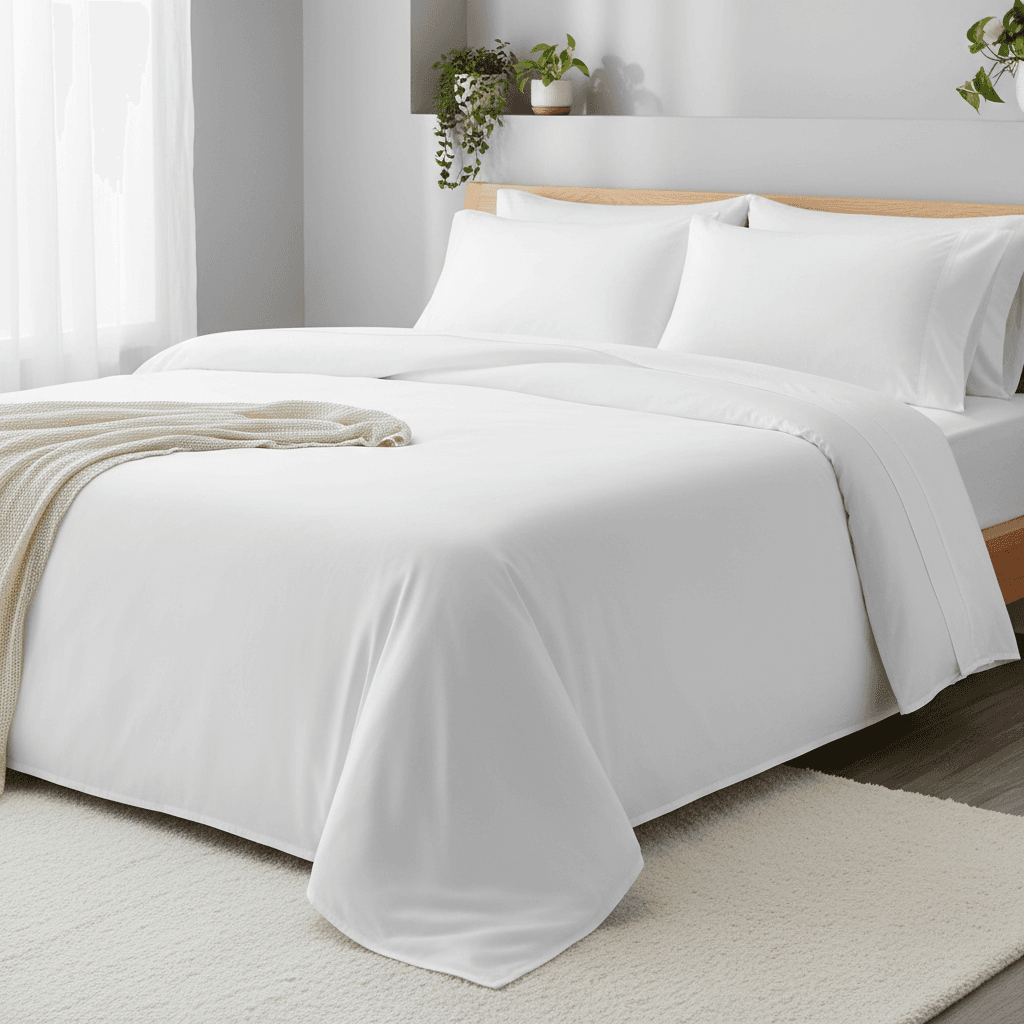 Freshly made bed with crisp linens in a clean bedroom