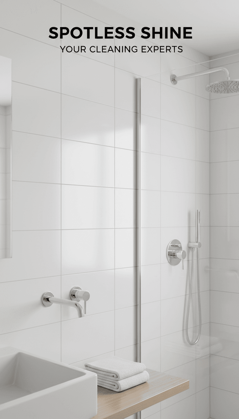 Spotless bathroom tiles and chrome fixtures after deep cleaning.