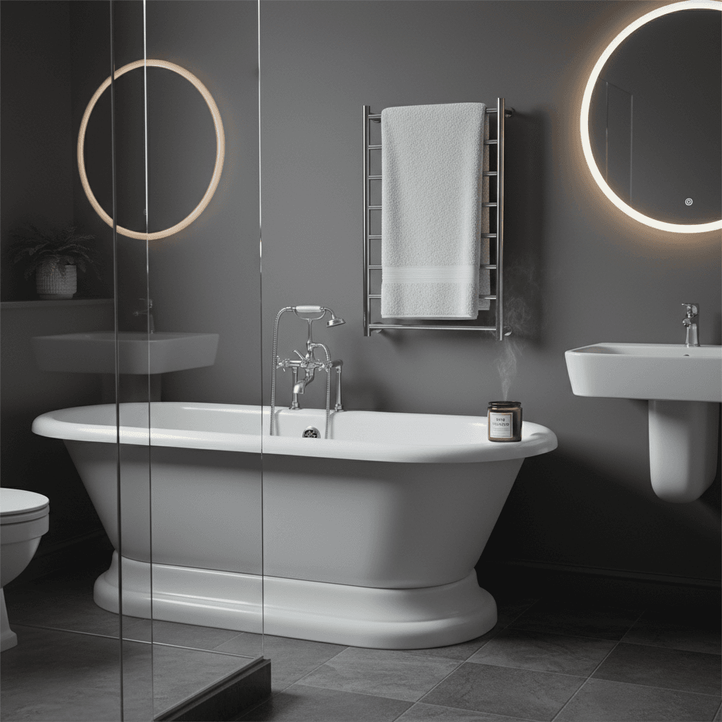 A clean white bathtub and shower after a deep clean with a folded towel and candle