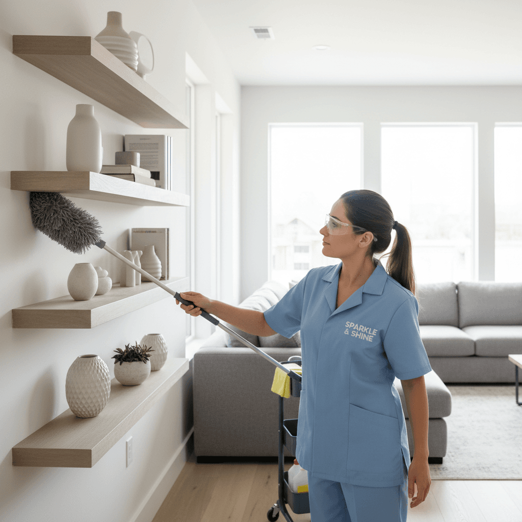 Professional cleaner dusting shelves in a bright living room